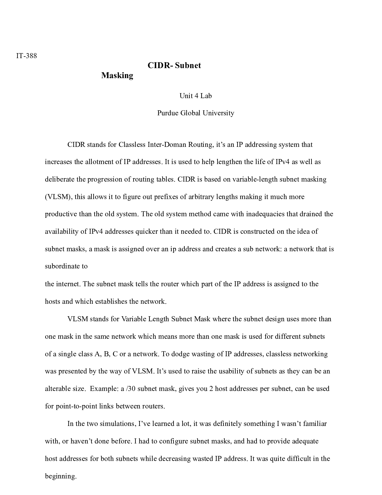 Preview image for IT388Unit 4 Lab.docx    IT-388                                                     CIDR- S